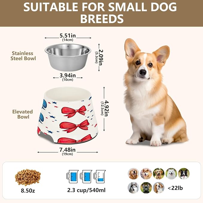 Blueangle Elevated Dog Bowls with Stainless Steel - Non-Slip 2.3 Cup High Capacity Pet Dish for Spinal Health & Bows Design（162）