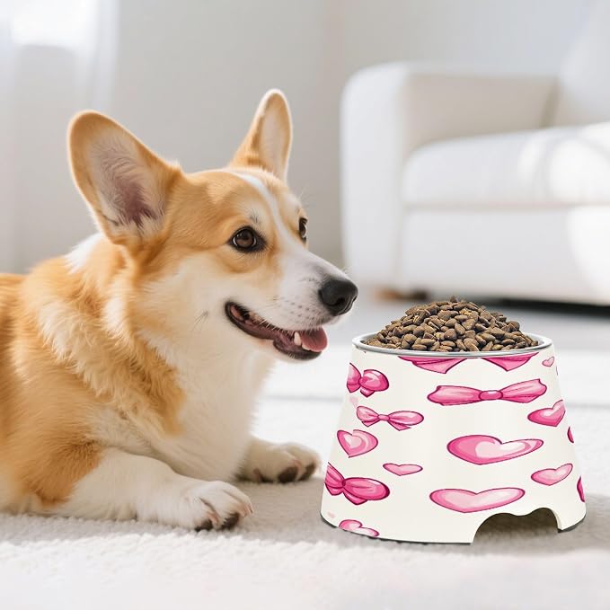 YETTASBIN Bow Pink Elevated Dog Bowls, Prevention of Vertebrae Disease Raised Dog & Cat Bowl Stand with Removable Stainless Steel Bowls, Non-Slip Spill-Proof Pet Food & Water Bowl Dish