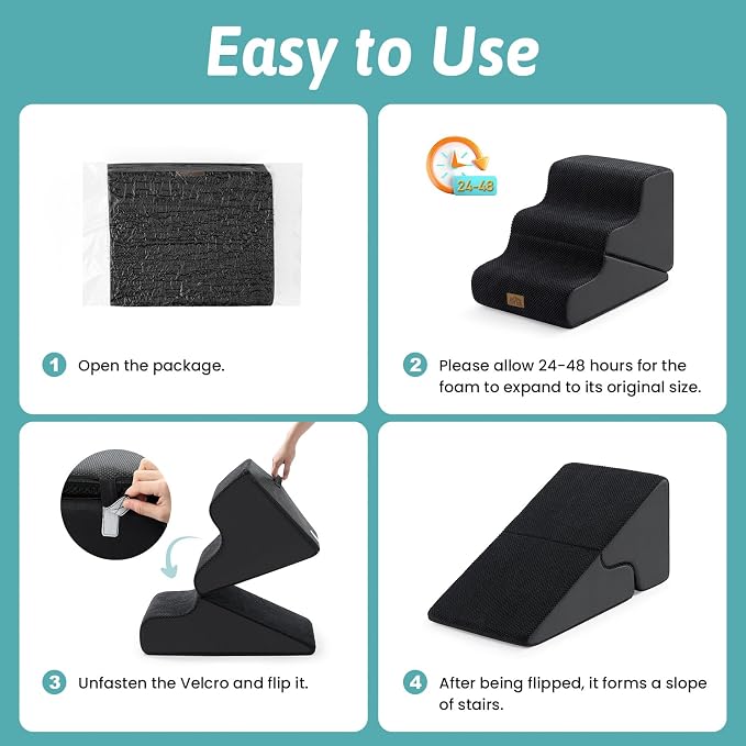 COZY KISS Dog Stairs for Small Dogs, 3-Step 2-in-1 Dog Steps,15.7" H | 3-step dog stairs and ramps for Old Cats, Puppy, Small Dogs,Non-Slip Base,for Couch & Bed, Black