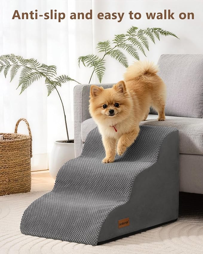 Aodisman Dog Stairs for Small Dogs,3 Step Dog Ramp for Couch and Bed,Pet Stairs with Non-Slip Bottom for Old Cats,Indoor Pet Steps,Comfort,Durable,15.4" H,Grey