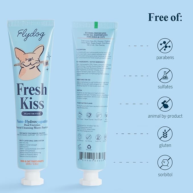 FlyDog Fresh Kiss Nano-HAp Dog Tooth Brushing Kit, Vet Approved Remineralizing Formula for Dogs & Cats - Rebuild Enamel, Remove Tartar & Plaque, 360° Toothbrush & Silicone Finger Brush (Peanut Butter)