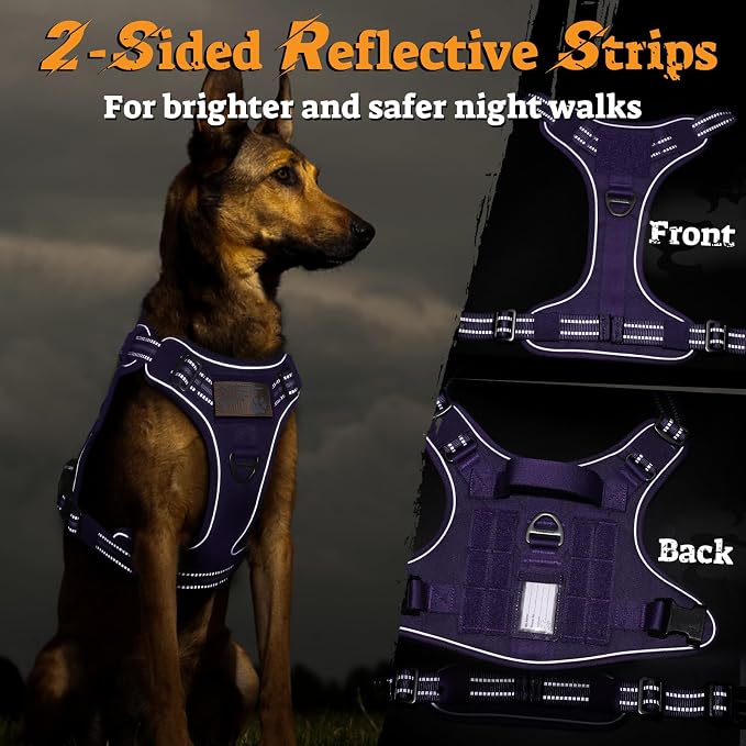 rabbitgoo Tactical Dog Harness for Large Dogs, No Pull Service Pet Vest | Military Molle System & Easy Control Handle, Adjustable and Reflective for Walking and Training, Purple, Large