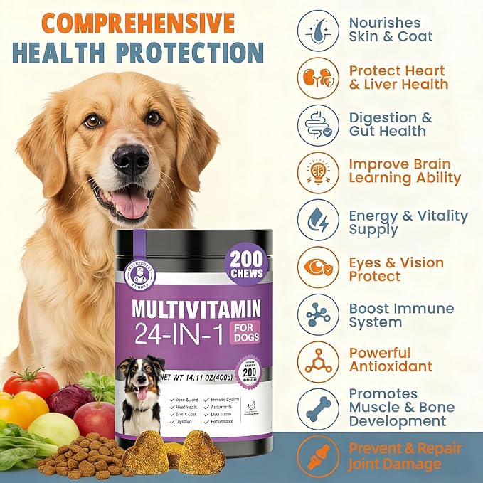 24-in-1 Dog Vitamins and Supplements, Dog Multivitamin Chewable with Glucosamine, Chondroitin, Probiotics & Omega 3 for Skin and Coat, Hip and Joint, Gut and Immune Support, 200 Chews