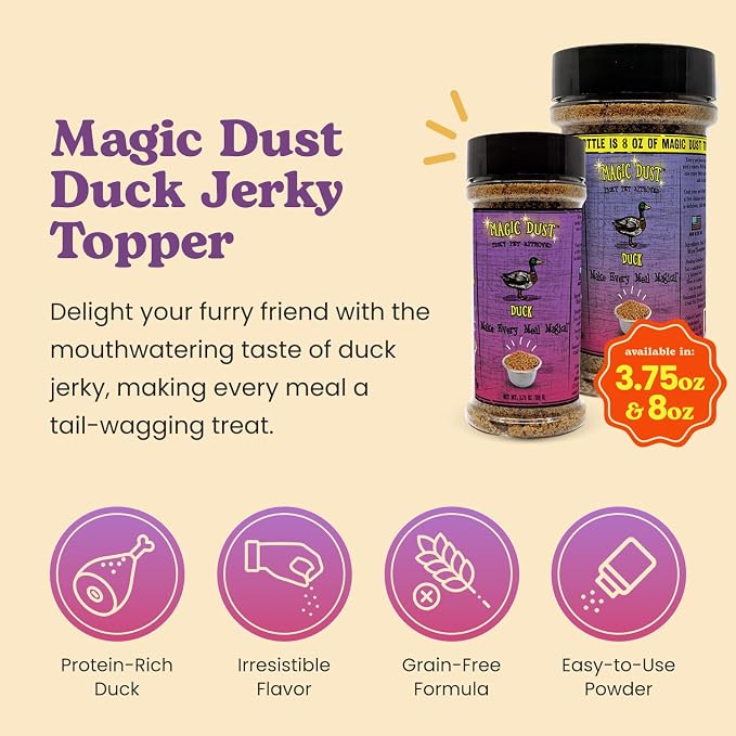 Magic Dust Duck Jerky Topper, Single Protein Pet Food Topper for Dogs & Cats, Enhance Flavor & Elevate Mealtime Excitement for Picky Eaters, Made in USA - 8 Ounce Bottle