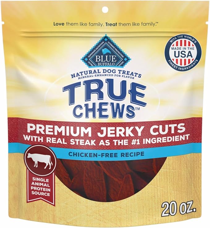 Blue Buffalo True Chews Premium Jerky Cuts with Real Steak, Chicken-Free Natural Dog Treats, Mineral-Enhanced for Flavor, 20 oz. Bag