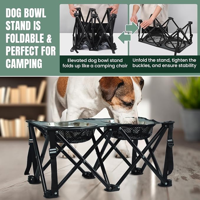Foldable Camping Elevated Dog Bowl Stand – 10" Height Raised Dog Feeding Stand with 2 Stainless Steel Bowls 2.6" Depth – Portable Food and Water Bowl Set for Medium and Large Dogs – Black