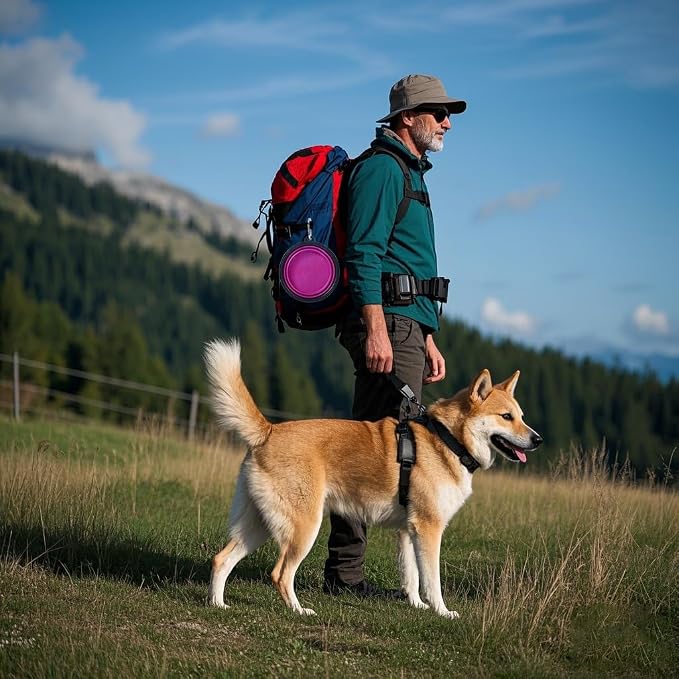 Dog Bowl Collapsible, 2 Pack, with Carabiners, Medium, Pink+Purple