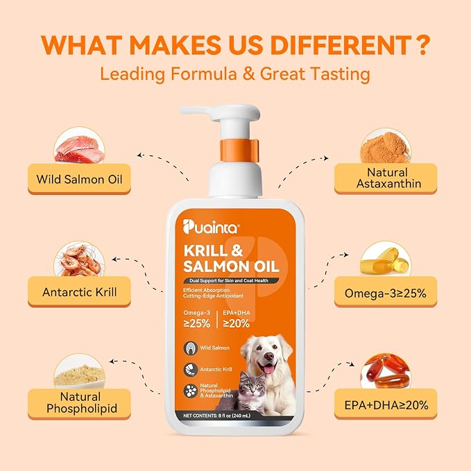 PUAINTA Omega 3 Fish Oil for Dogs & Cats, Salmon & Krill Oil with EPA DHA