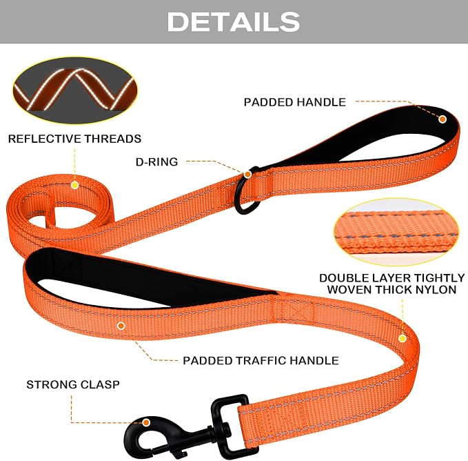 Joytale Dog Leash for Large Dogs that Pull, Double Handle, 5FT, Orange | Traffic Handle for Control, Padded Handle Reduces Hand Strain, Reflective Stitching for Night Safety, Strong Nylon Webbing