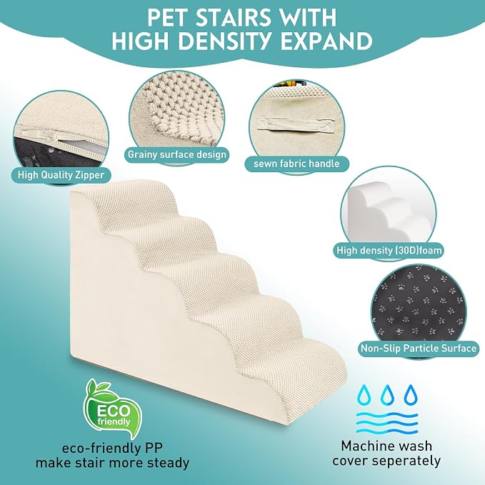 Dog Stairs for Small Dogs, Pet Stairs Steps Ramp for Puppy, Older Cat, Stairs with Whole High Density Foam, Corduroy Fabric, Non-Slip Bottom Dog Steps for Bed and Couch (Beige, 5-Step (H: 22.8IN))