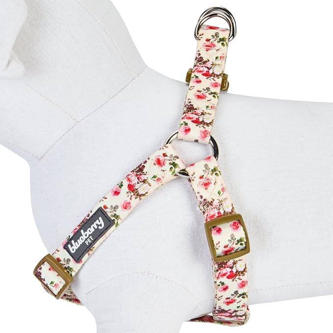 Blueberry Pet 9 Patterns Step-in Spring Scent Inspired Pink Rose Print Ivory Dog Harness, Chest Girth 16.5" - 21.5", Small, Adjustable Harnesses for Dogs