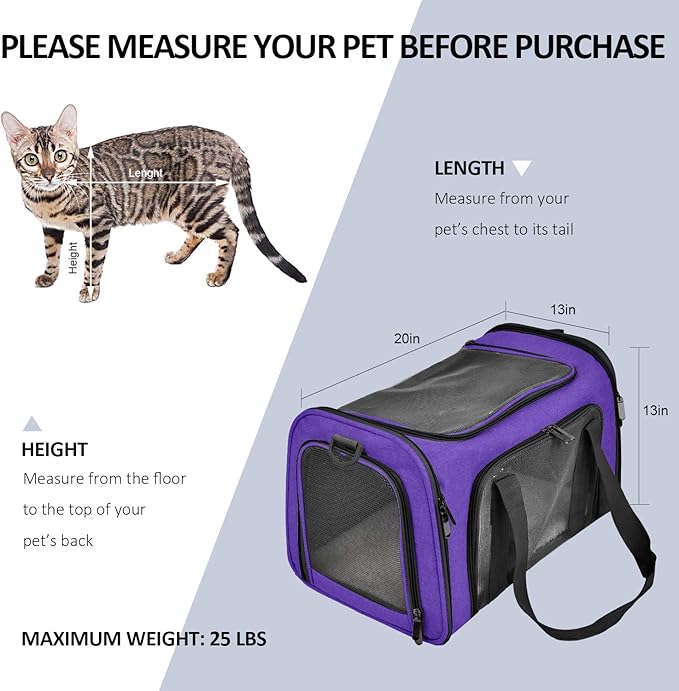 Henkelion Large Cat & Dog Carrier, Up to 25 lbs, Soft Sided Collapsible, Purple