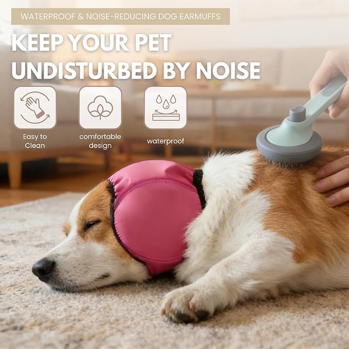 Waterproof Dog Ear Covers,No Flap Ear Wraps for Dogs,Dog Ear Muffs for Noise Protection & Anxiety Relief,Adjustable Dog Calming Hoodie Shower Cap for Bathing Grooming(Fuchsia,M)