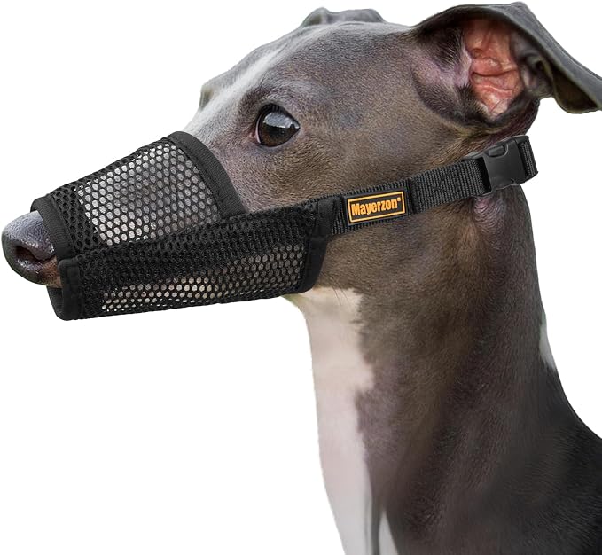 Soft Mesh Muzzle for Greyhound Whippet Long Narrow-Snouted Dogs | Prevent Excessive Biting Chewing Eating, Grooming Nail Trimming Walking Vet Visits Use, Allowing Drinking, Breathable | S