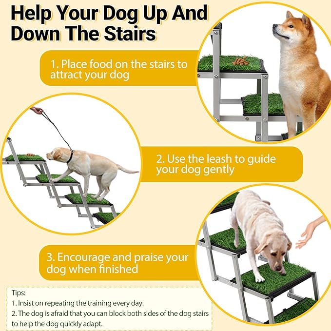 Dog Stairs for Car, Portable Folding Dog Ramps,Doggy Steps for Large Dogs with Non-Slip Grass Rug for Cars, SUV, Trucks,Lightweight Pet Ramp Supports Up to 200 lb, 5 Steps