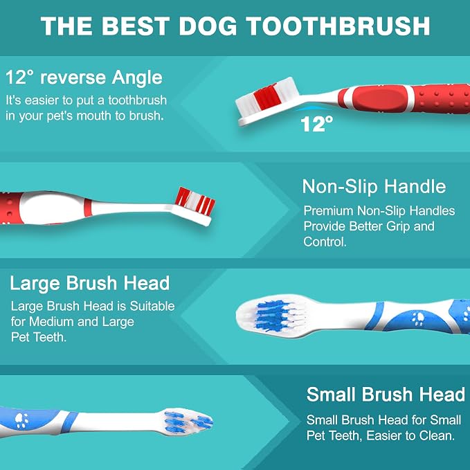 4Pcs Professional Pet Toothbrush, Dog & Cat Soft Bristle Double-Sided Brush Head Set, Pet Brushing Teeth to Clean Teeth to Reduce Tartar Buildup, Pet Dental Care Essentials