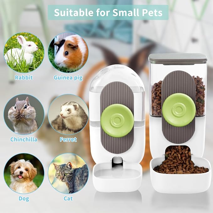 Lemtrflo Hanging Automatic Food Water Dispenser,Gravity Rabbit Feeder, Water Dispenser Food Bowl for Bunny Chinchilla Guinea Pig Hedgehog Ferret (White Brown)