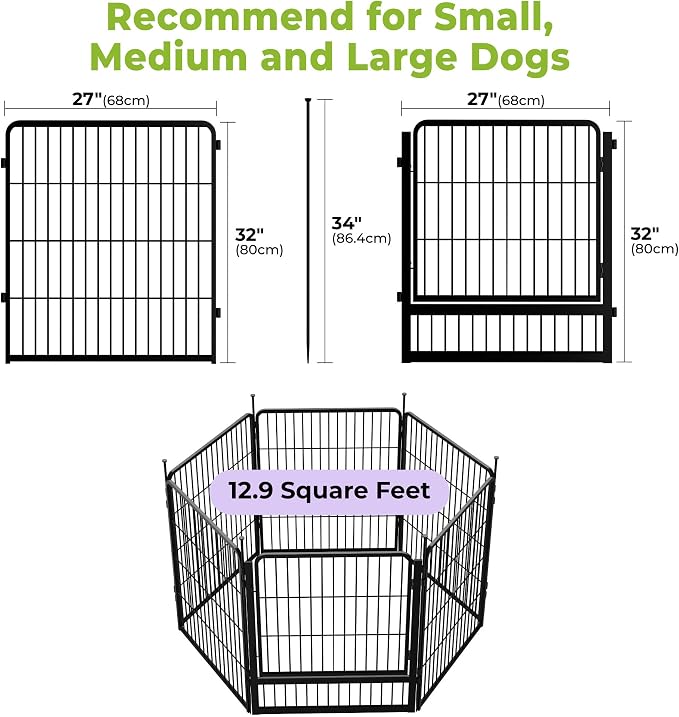 SunsGrove Dog Playpen Outdoor, 32 inch 6 Panels with Wider Door for Small and Medium Dogs, Free and Safe Play Dog Fence Indoor, Black