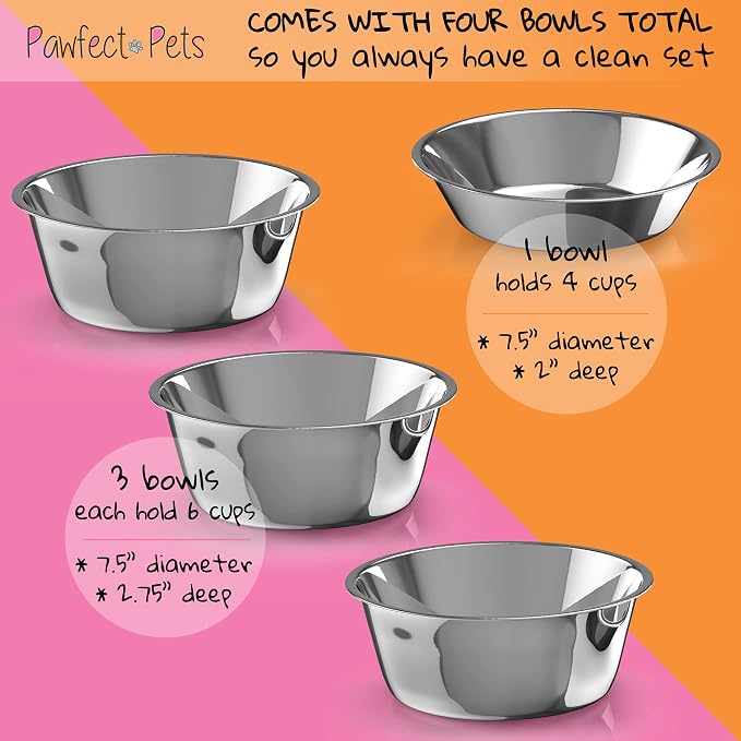 Adjustable Height Elevated Dog Bowls for Large Dogs- 12”, 14”, or 16” Tall with Four Stainless Steel Dog Bowls by Pawfect Pets