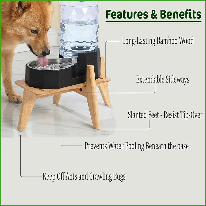 Stand for Dog Water Food Dispensers - Bamboo Holder for Elevated Raised Automatic Gravity Dog Feeders - Suitable for Medium to Large Breeds