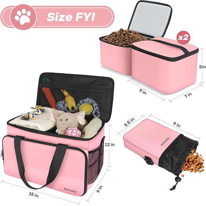6-Set Dog Travel Bag with Bowls & Food Containers, Pink