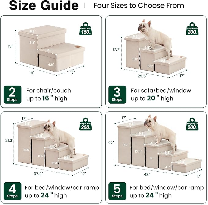 Love's cabin Dog Stairs for Small Medium or Large Dogs with Storage and Adjustable Steps, Foldable Pet Steps for Bed or Couch, 4-Step Beige Folding Cat Ramp with Zip up to 200 lbs, Beige