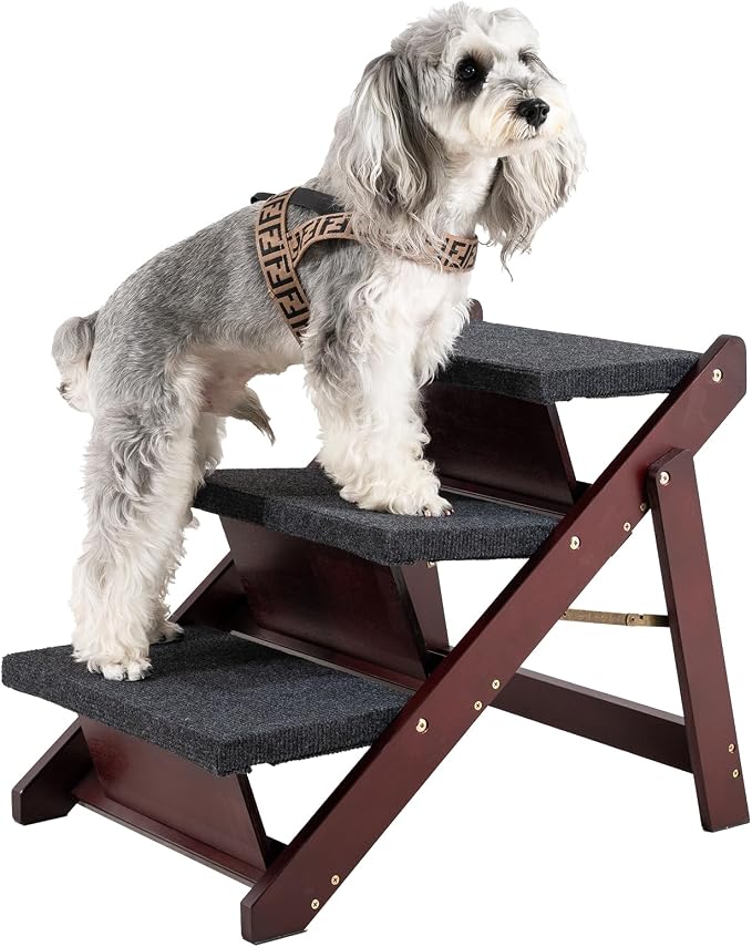 MEWANG Wooden Pet Stairs/Pet Steps - 3-in-1 Foldable Stairs & Ramp for Beds and Cars - Portable Dog/Cat Ladder Up to 220 Pounds - Great for Small and Older Animals(Brown) (24.8" L x 17.2" W x 19.5" H)