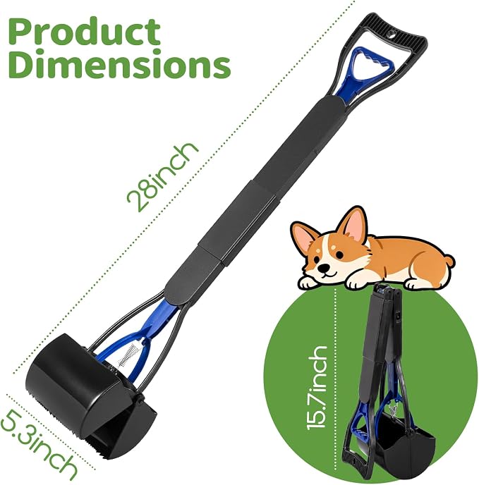 28" Pooper Scooper with Bags & Dispenser Attachment, Long Handle Dog Poop Scooper for Large/Small Dogs, High Strength Spring No-Bend Poop Scoop, Foldable Poop Picker Upper for Grass/Gravel Pick Up