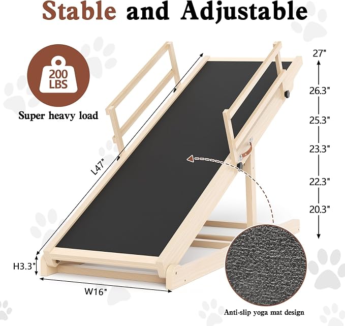 Dog Ramp for High Bed, Couch, Car, Pet Ramps 47" Long Adjustable 6 Height from 20.3"-27" Wooden Dog Step with Anti-slip Yoga Mat & Safety Side Rails for Small Medium Older Pets, up to 200 lbs