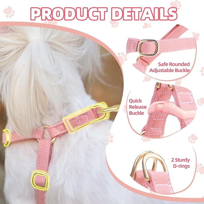 PUPTECK Dog Harness and Leash Set Small Sized, Lightweight Step-in Puppy Harness, Escape Proof No Pull Cute Pet Vest Harnesses, Pink XXS