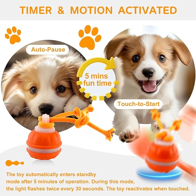 P06 Interactive Dog Toys Dog Balls, Electric Automatic Moving and Rolling Dog Toy with Rope for Small Medium Dogs, Fun Smart Puppy Toy s for Boredom & Training, Dog Toys to Keep Them Busy (Orange) | Auto-Moving Puppy Toys, 3 Modes with RGB Lights & Bir...