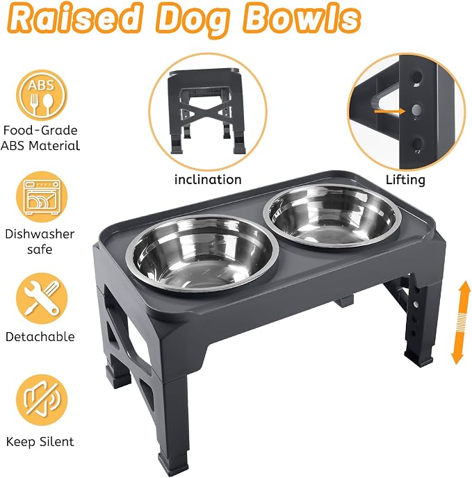 Elevated Dog Bowls with 2 Stainless Steel Dog Food and Water Bowls+Pet Food Scoop Raised Bowl Adjusts to 5 Heights (3.15",8.66",9.84",11.02", 12.2") for Small Medium and Large Dogs Cats (Grey)