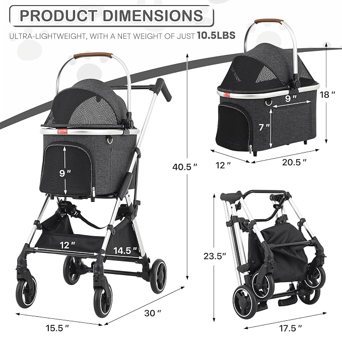 MoNiBloom Folding Jogger Pet Stroller - Dark Gray, Detachable Carrier