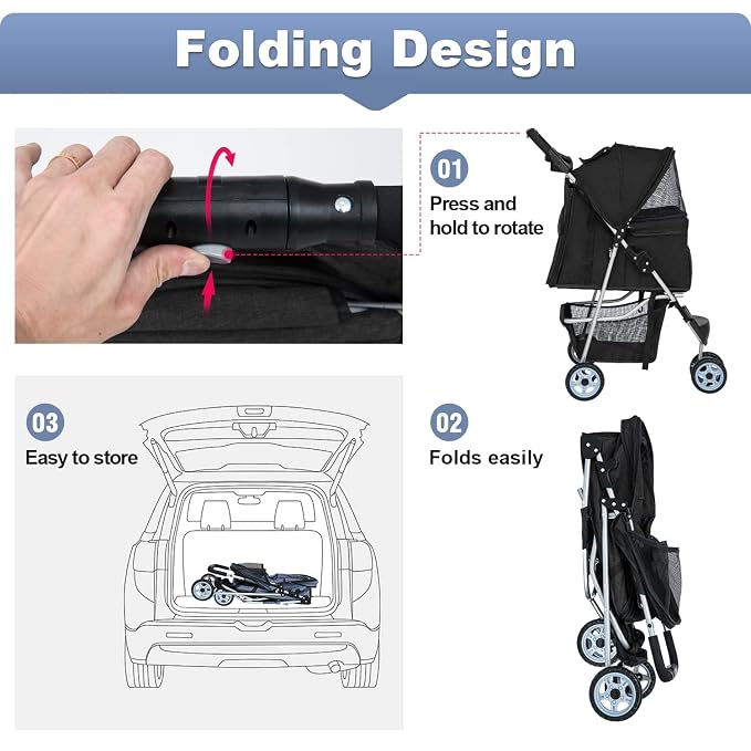 BestPet Pet Stroller - Black, 3 Wheels