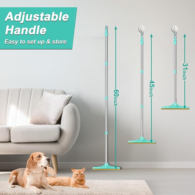 5FT Carpet Rake Pet Hair Remover, Reusable Carpet Rake with Telescopic Handle for Pet Hair Removal Tool Dog Cat Fur Remover Broom for Rugs, Mats, Beds, Stairs (Blue)