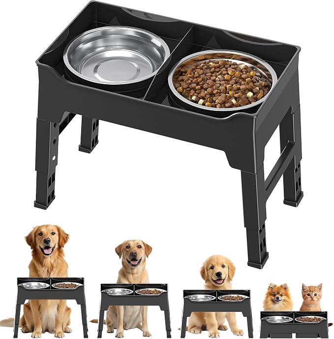 CZPET Elevated Dog Bowls Mess Proof with Splash Guard 4 Heights Adjustable Raised Stand with 2L (67 oz) Stainless Steel Bowls, Lifted Food Water Feeder for Small, Medium & Large Dogs