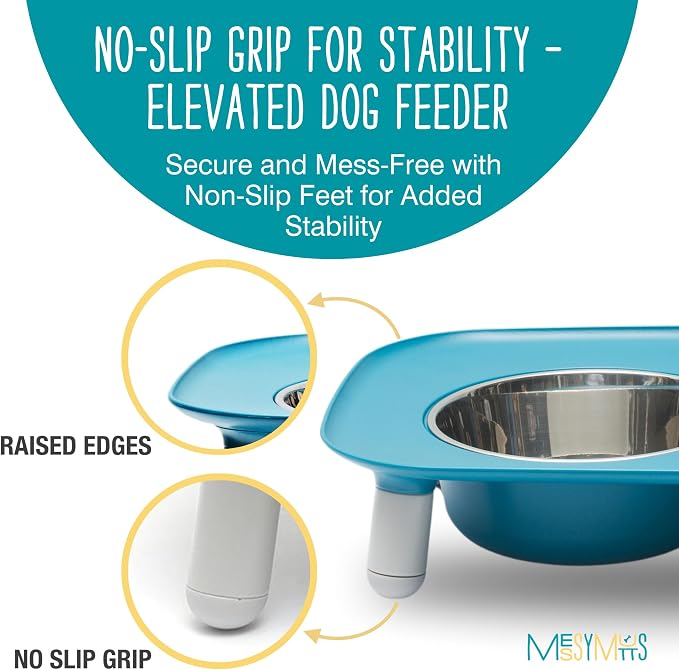 Messy Mutts Elevated Double Dog Feeder, Adjustable Height, Blue | Adjustable-Height Elevated Double Dog Feeder With Two 5 Cup Stainless Bowls, Legs Set To 3, 5, Or 10 Inches