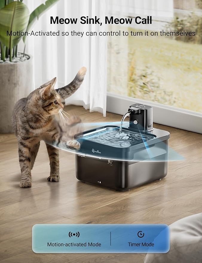 DownyPaws Cat Water Fountain Cordless, 84oz/2.5L Fursink Wireless Pet Water Fountains for Cats Indoor, Battery Operated Cat Drinking Fountain with Motion Sensor, Ultra Quiet Pump, BPA-Free, Black Pro