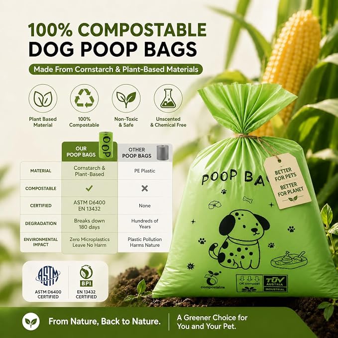 Dog Poop Bags Rolls-Biodegradable dog poop bags, Compostable Dog Waste Bags, ASTM D6400 & EN 13432 Compliant BPI Certified Pet Waste Bags. Earth Friendly 450 waste bag including dispenser