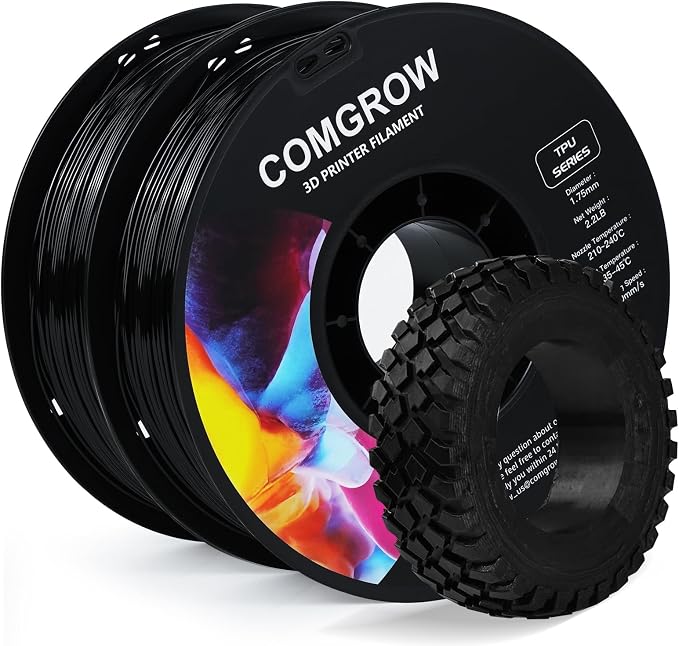 Comgrow TPU Filament, 1.75mm, 95A Soft TPU Flexible 3D Printer Filament Black 2 * 1kg (2.2lbs), Dimensional Accuracy +/- 0.02 mm, Fit Most FDM Printer
