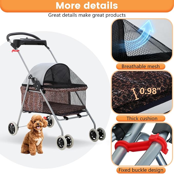 BestPet 4-Wheel Foldable Pet Stroller - Leopard Skin, up to 33lbs