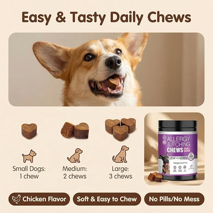 Dog Allergy Chews for Dogs, Itch Relief Support for Itchy Skin, Paw Licking & Itchy Ears, Skin & Coat Health with Colostrum & Probiotics, Chicken Flavor Soft Chews, 200 Count