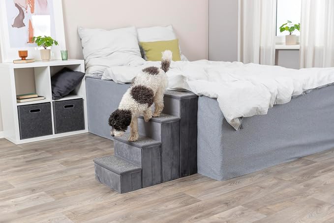 Trixie Velour Dog Stairs with Tread Steps - 4 Step Pet Stairs for Beds and Couches - Foldable with Additional Storage Space - Gray