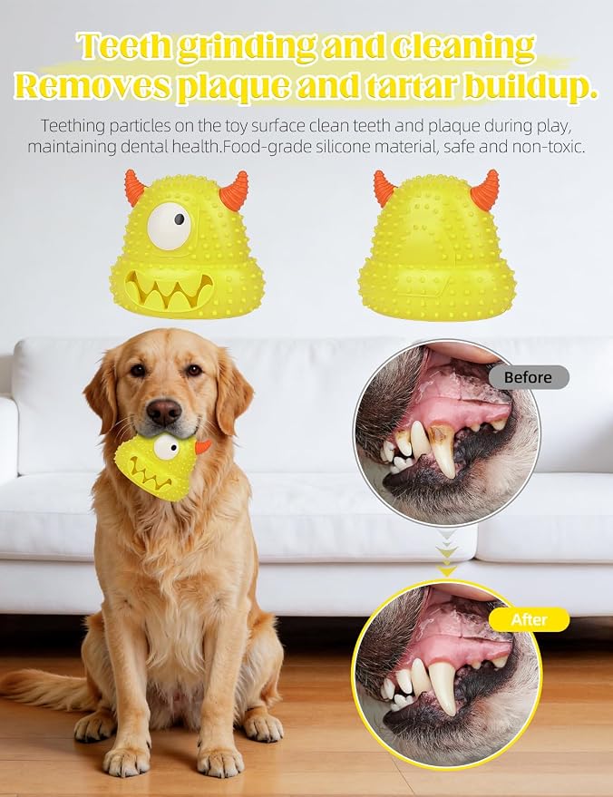 Squeaky Monster Dog Toy, Soft Latex Interactive Toy, Keep Them Busy Tug of War Birthday Dog Chew Toy for Small to Medium Dogs (Yellow)