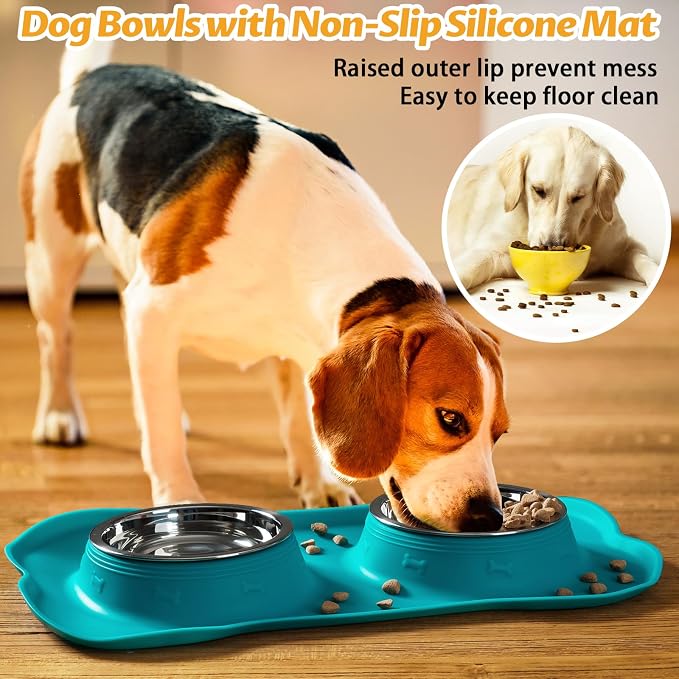 Hubulk Pet Dog Bowls 2 Stainless Steel Dog Bowl with No Spill Non-Skid Silicone Mat + Pet Food Scoop Water and Food Feeder Bowls for Feeding Small Medium Large Dogs Cats Puppies (Medium, Green)