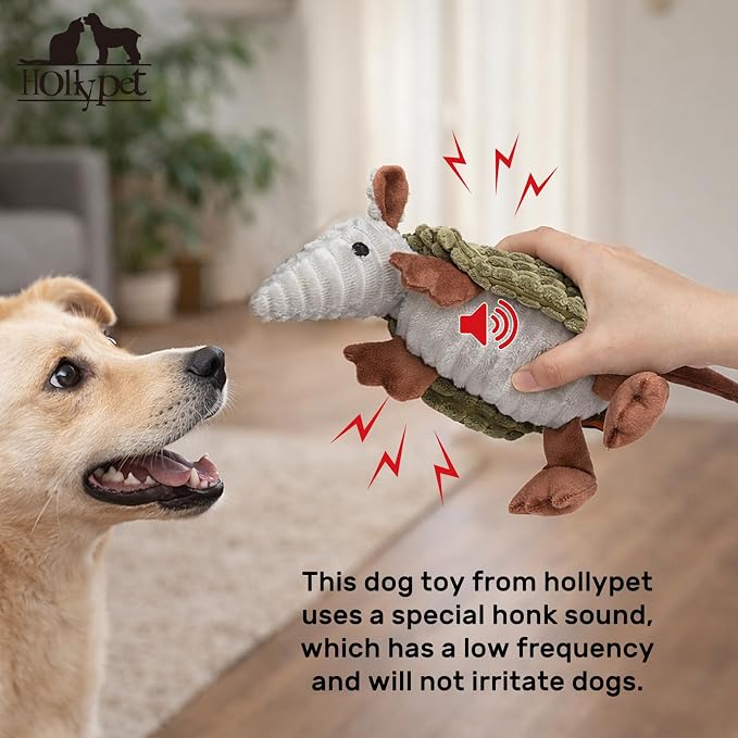 Hollypet Armadillo Squeaky Puppy Dog Toys for Small Medium Dogs, 8" | plush stuffed small dog squeak animal toy with unique grunt squeaker textured fabric for teeth cleaning toys