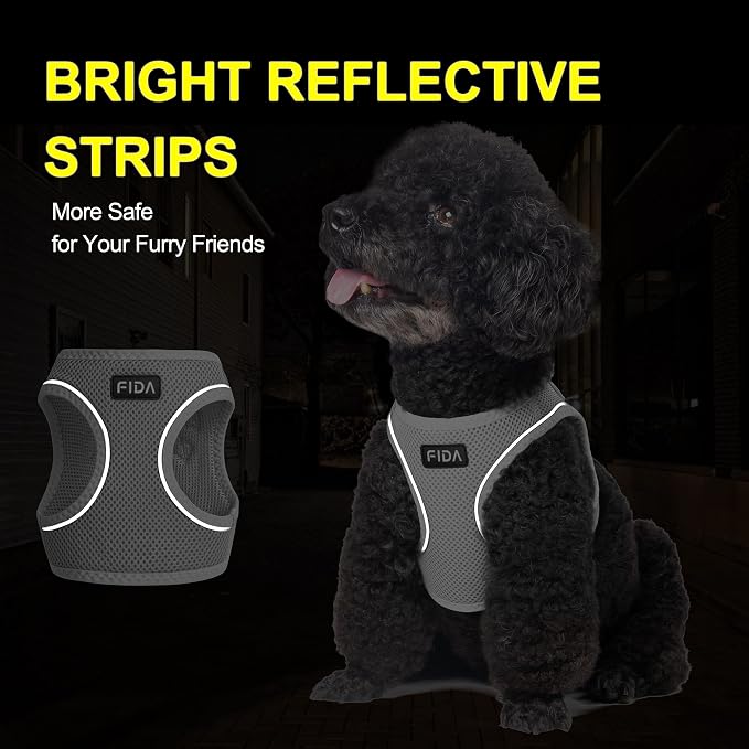 Fida Comfy Dog Harness with Leash, Soft Puppy Vest Escape Proof, Breathable Lightweight Soft Mesh, Adjustable Reflective Step-in Harness for Small & Medium Pet Walking (L, Grey)