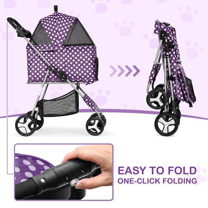 MoNiBloom 3-in-1 Foldable Pet Stroller - Purple Polka Dots, up to 33lbs