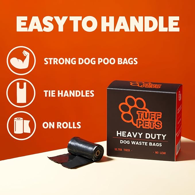 Tuff Pets Heavy Duty Dog Poop Bag With Handles - 16 Rolls of Pet Waste Bags - Fits in any Dogs Poo Bag Dispenser or Holder - Thick Dog Poop Bags