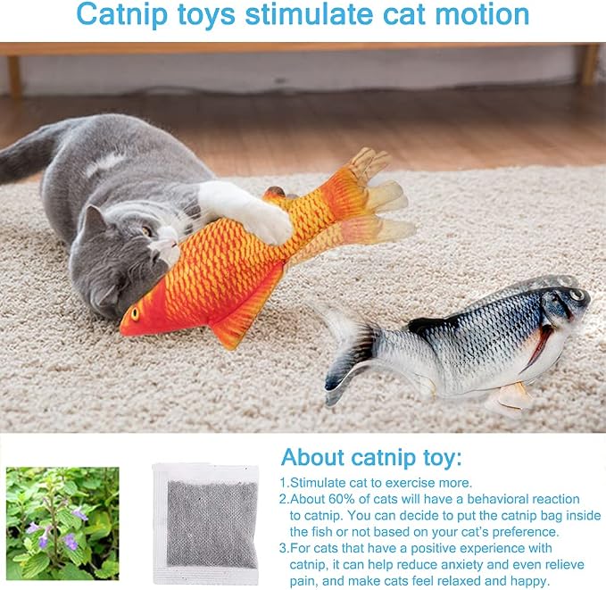 Tocirelo Cat Toys Interactive Flopping Fish with Catnip, Kitten Kicker Toy | 2Pack Interactive Motion Activated Cat Toys for Indoor Cats Self Play, 11" Automatic Floppy Fish Bored Kitty Enrichment